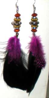 Double Layered Feathers Color on Black & Multi Fancy Bead Earrings * U 