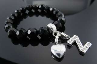 CRYSTAL SILVER Letter A   Z & HEART CHARM +BLACK ONXY CHARM CARRIER 
