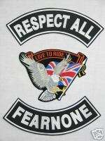 RESPECT ALL, FEAR NONE, UK, BIKER, VETS, PATCH SET 11  