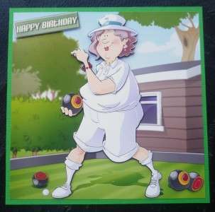 Funny Lady Lawn Bowls Bowling Female Cartoon Style Birthday Card 