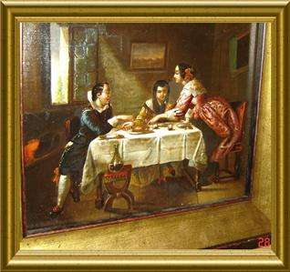 ANTIQUE GORGEOUS SPAIN Circa 1850 Family Gathering Tavern Drinking 