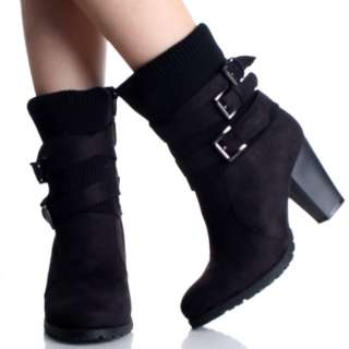 Black Ankle Boots Sweater Knit Buckle Faux Suede Womens High Heels 