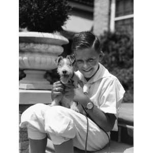 Boy Holding Wire Haired Terrier in Lap, Smiling Animal Photographic 