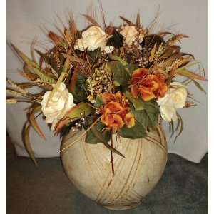 Autumn Inspired Cream Rose & Hydrangea Silk Floral Arrangement 