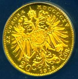 1915 AUSTRIA GOLD COIN 20 CORONA RESTRIKE ANACS CERTIFIED GENUINE 