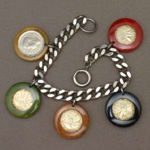 Bakelite Bezel Coins Charm Bracelet Vintage Five Colors  