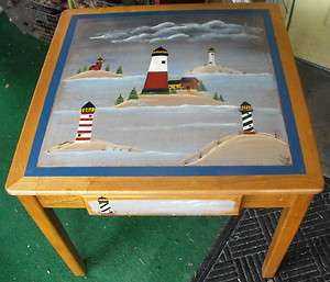 READY FOR YOUR BEACH HOUSE HAND PAINTED NAUTICAL LIGHTHOUSE TABLE 