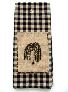 Primitive Country Black & Tan Check Towel with Willow Tree  