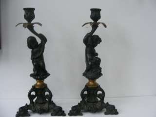 Pair Bronze Cherub figural candlesticks  