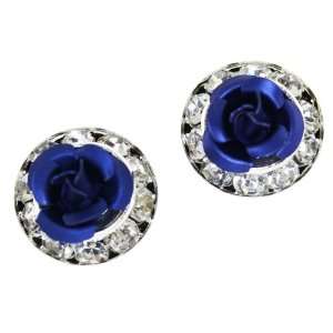  Navy Blue Rose Flower with Rhinestones Round Earrings 