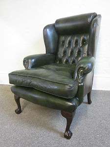 Green Leather Chippendale Wing Chair  