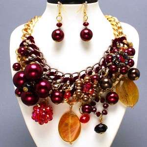 Chunky Berry Topaz Pearl Crystal Statement Gold Necklace Earring 