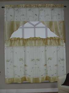 KITCHEN CURTAIN GOLD ALICE EMBROIDERY SET VALANCE TIER SWAG NEW FREE 