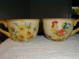   RUSTIC ROOSTER w/SUNFLOWERS Coffee MUGS Cups S/2~CAPPUCCINO Soup~NEW