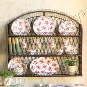 FRENCH COUNTRY Large Wrought Iron WALL 3 SHELF w/ Hooks Dish Rack Wire 