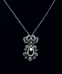   Victorian Silver Diamond Paste Pearl Drop Bow Pendant Necklace c.1880
