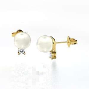   Drop, White Cultured Pearl 14K Yellow Gold Stud Earrings with Diamond
