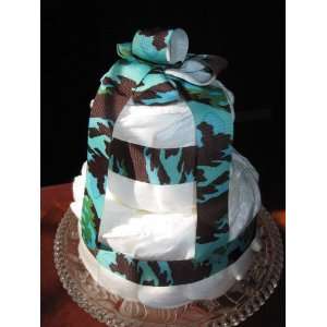  Camo Cake 2 tier Blue Teal Brown Camouflage Diaper Cake 