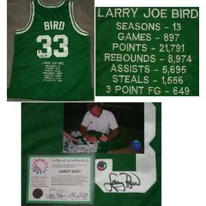 Larry Bird Signed Celtics Embroidered Career Stats Green Jersey
