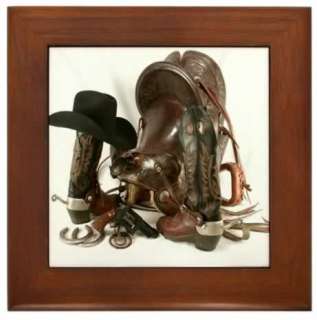    cowboy hat, boots, spurs, saddle, horseshoe, pistol, among others