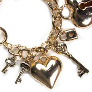 Gold Heart Key Lock Rhinestone Romantic Charm Bracelet  