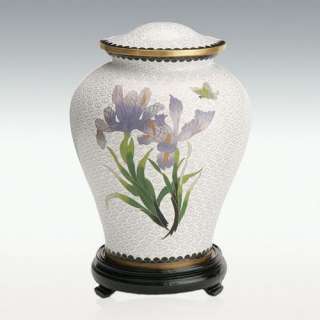 White Iris Cloisonne Cremation Urn   Handcrafted   