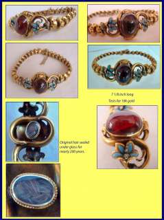 Victorian 18 carat gold, cabochon garnet, diamond and enamel bracelet 