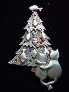 JJ Silver Pewter CAT Dream Christmas Tree Pin  