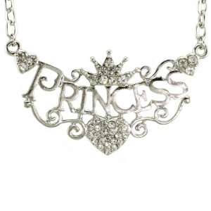 Princess Crown Tiara Heart Pendant Necklace Silver Tone Clear Stones 