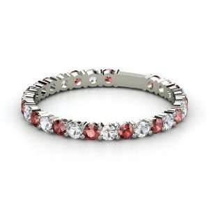 Rich & Thin Band, 18K White Gold Ring with Red Garnet & White Sapphire