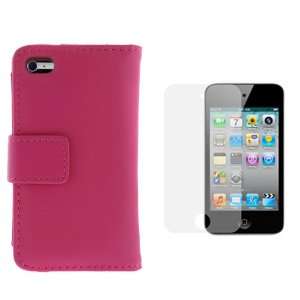  Pink Wallet Leather Case + LCD Screen Protector for Apple iPod Touch 