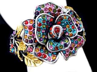 Rose FLOWER Spider FLORAL Multi Swarovski Crystal Cuff Bangle Bracelet 
