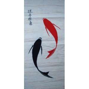  Chinese Hand Painting Batik Tapestry 2 Fish Koi 