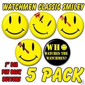 Watchmen Classic Smiley Pin Back Button Badge 5 PACK  