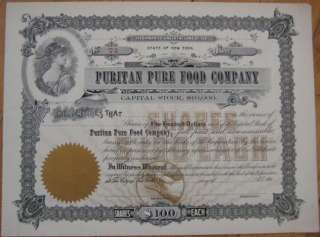 1905 Stock Certificate Puritan Pure Food Co., New York  