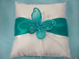 New Turquoise Butterfly Bridal White Ring Bearer Pillow  