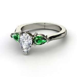   Triple Pear Ring, Pear Diamond Platinum Ring with Emerald Jewelry