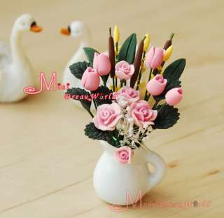 Dollhouse Miniature Clay flower Pink Rose W/ White Vase  