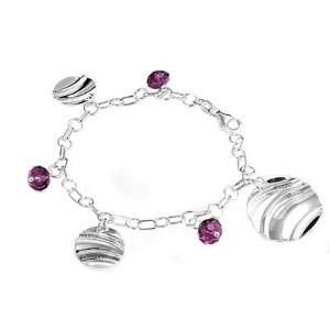   Silver Amethyst Crystal & Round Disc Charms Italian Bracelet Jewelry