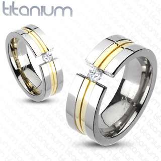 Pair (2 Pc) Solid Titanium Gold IP Groove Wedding Band Couple Ring Fr 