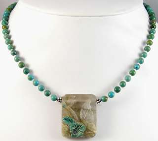 CARVED TURQUOISE FLOWER BUTTERFLY PENDANT BEAD NECKLACE  