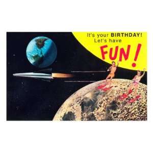  Birthday Fun, Children Skiing on Moon Premium Poster Print 