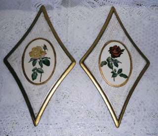 Vintage Diamond SHaped Wood Rose Wall Plaques Italy  